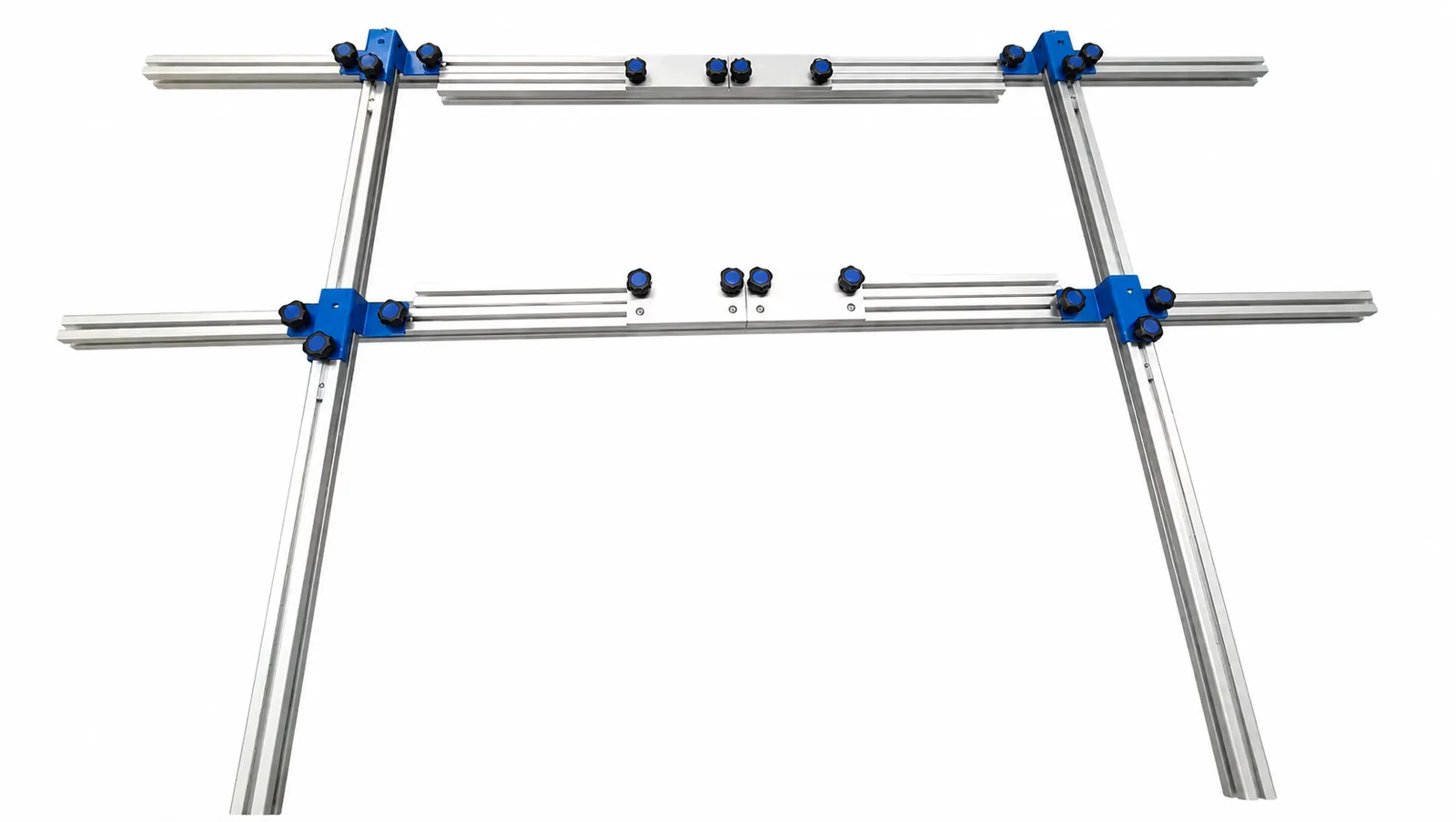 Universal plumb line kit jig mounted at an elevator landing entrance for rail and door line setting